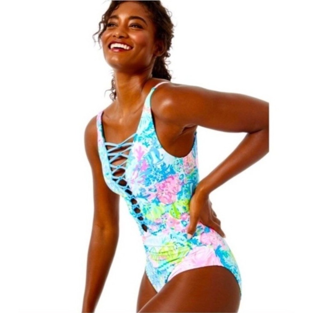 Lilly Pulitzer Isle Lattice One Piece Swimsuit Sz 2 Tropical Fished My Wish